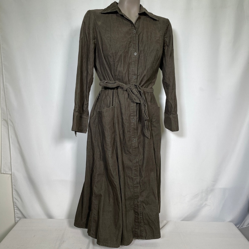 Ann Taylor LOFT Brown Corduroy Button Front Belted Midi Shirt Dress Womens Sz 10 - Picture 5 of 8